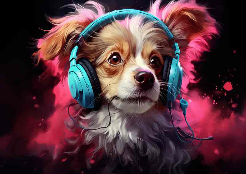 A small dog listening to music and headphones | Metal Poster