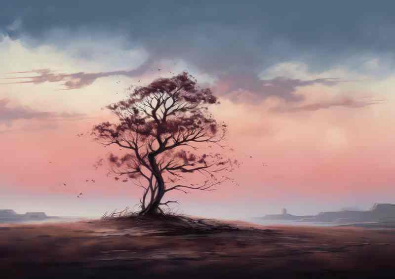 A Solirtary tree in the evening sky painted style | Di-Bond