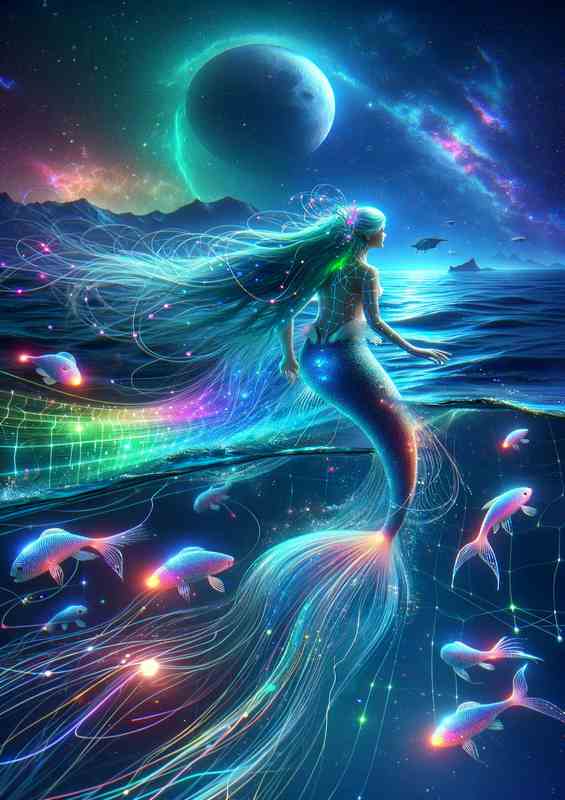 A cybernetic mermaid navigating through a digital ocean | Di-Bond
