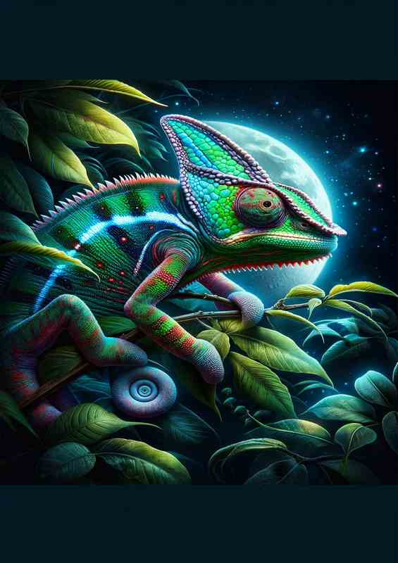 Vibrant Chameleon on Nocturnal Foliage Backdrop | Metal Poster