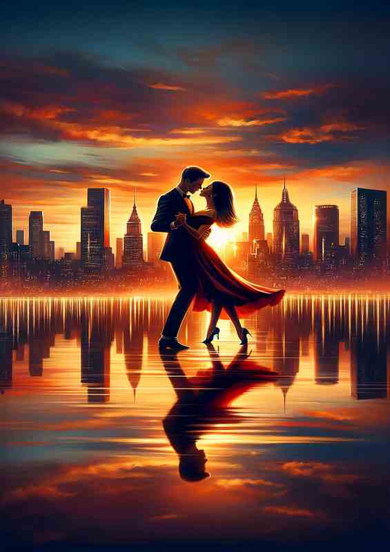 Elegant Sunset Dance Romance Cityscape | Metal Poster