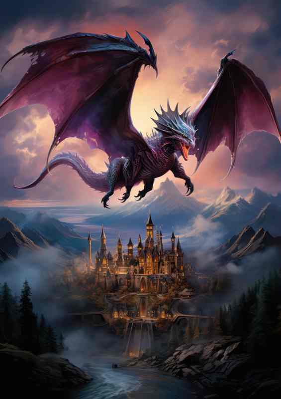 A blue dragon flying over a castle | Metal Poster