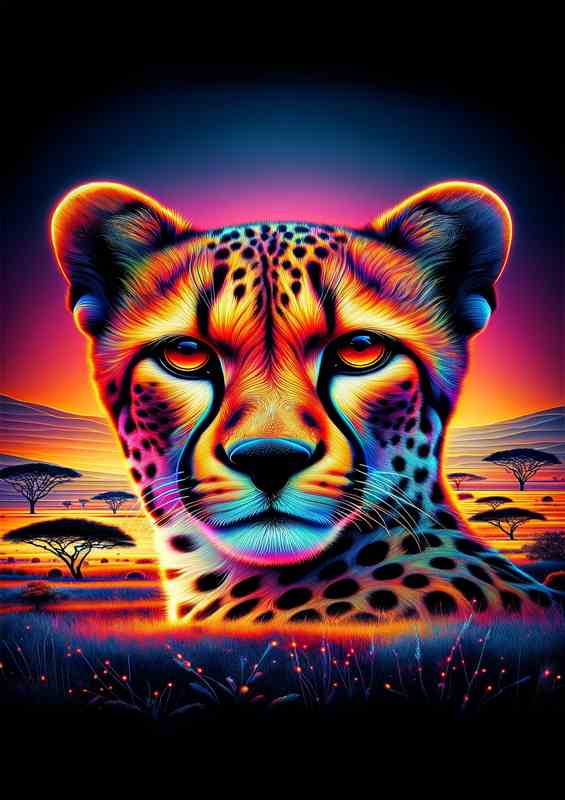 Cheetah's Neon Savanna Metal Art Poster