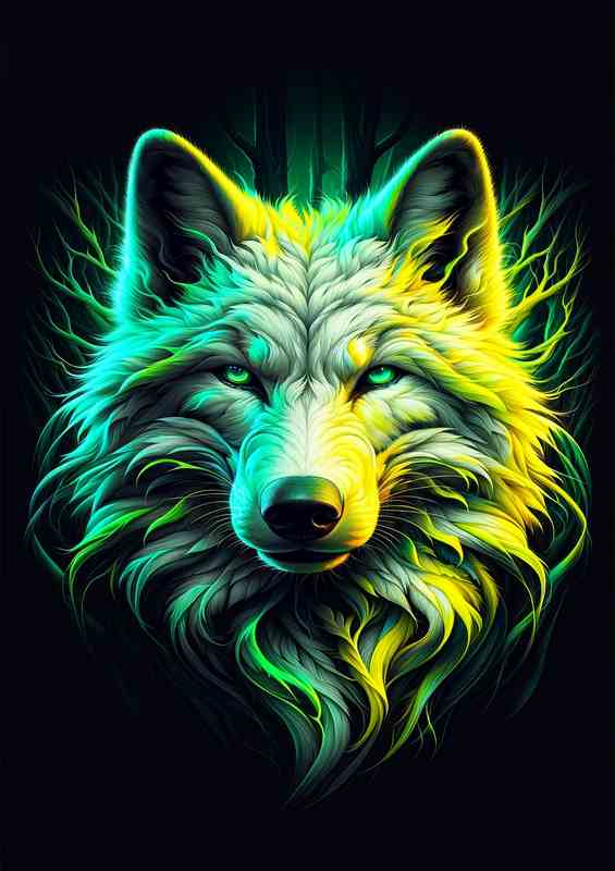 Luminous Wolf Head with Neon Tones Metal Poster