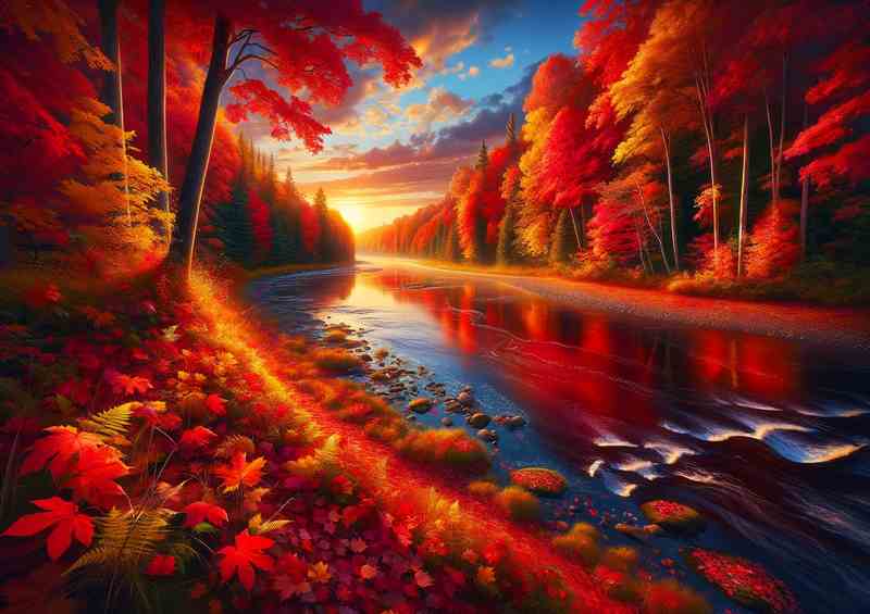 Crimson Canopy The Vibrant Autumn Riverbank | Di-Bond