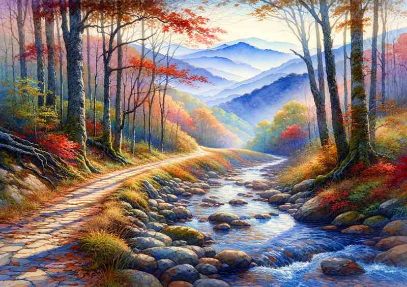 Autumns Embrace A Mountain Trail in Watercolor Style | Di-Bond