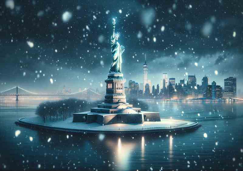 Snowy Sojourn Winter Night at Statue of Liberty NY | Metal Poster