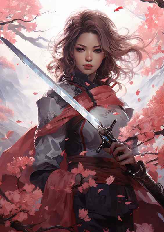Anime style art with a sword style red pink cherry tree | Metal Poster