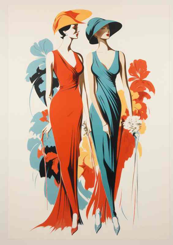 Ladies dressed in red and blue dresses vintage style | Metal Poster