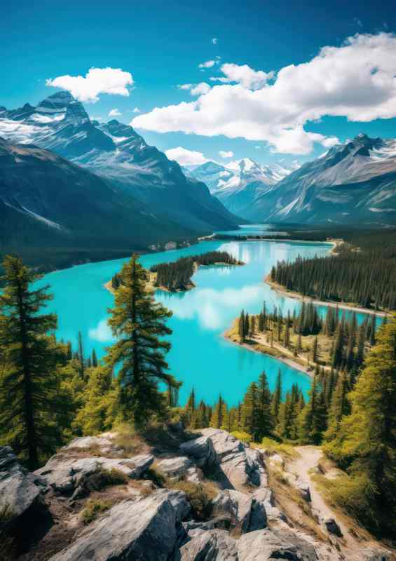A View Of Mountain Peaks And Turquoise lake | Di-Bond