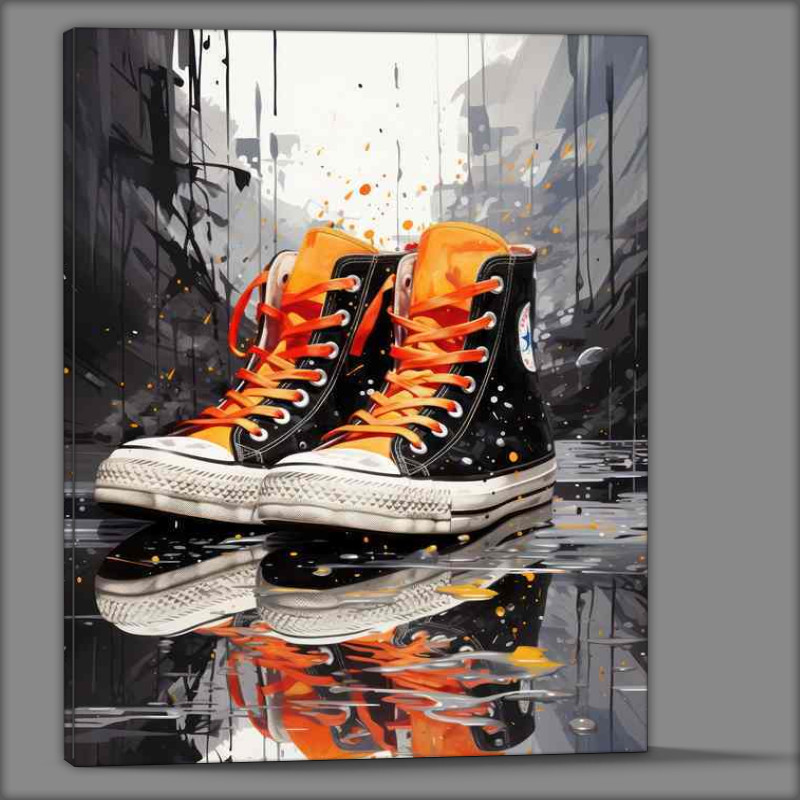 Buy Canvas : (A black sneaker is sitting on an splattered surface)