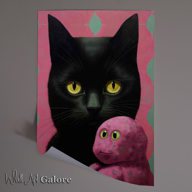 Buy Unframed Poster : (A Black cat holding a pink stuffed teddy)